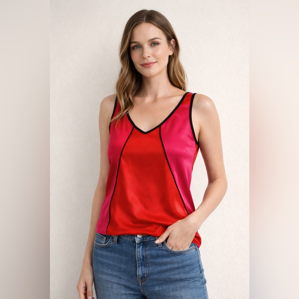 Vintage 90s Y2K Caché Colorblock Tank Top Red Pink Black Piping Women’s Size L